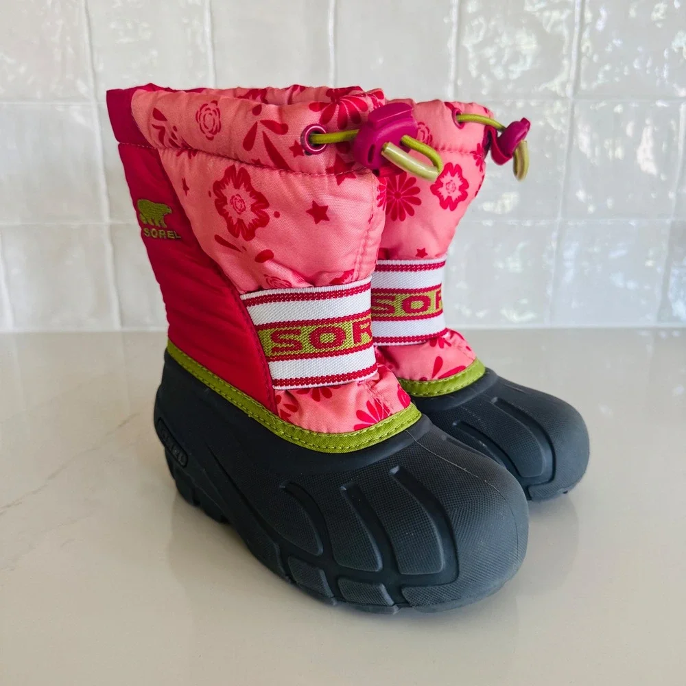 Sorel Snow Commander Boots Girls 10 Pink Floral‎ Waterproof Insulated